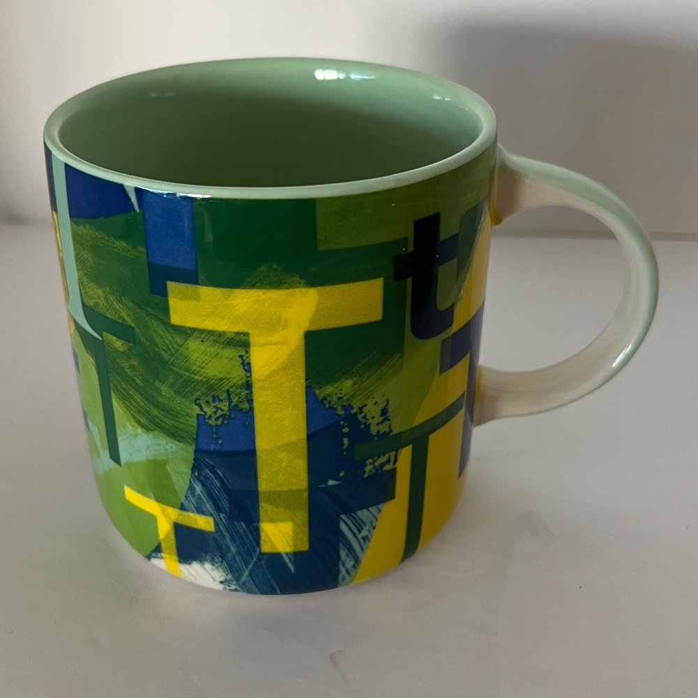 Anthropologie Green Blue Ceramic Lottie Monogram Letter "T" Coffee Mug Tea Cup T